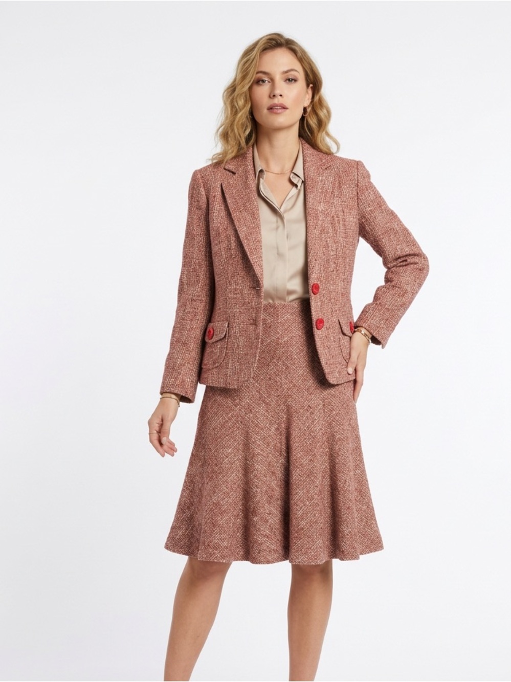 Zara Tweed Skirt Suit Set 4 Coral Red Blazer Coord Academic Retro Vintage Style